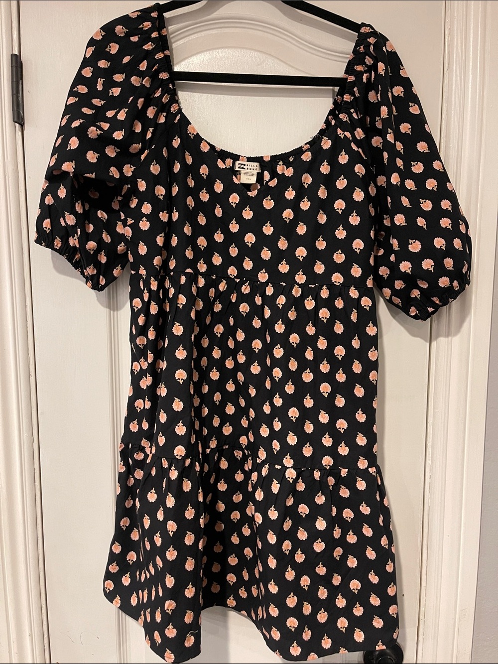 Billabong Breezy Palms Cotton Puff Sleeve Mini Dress Boho Cottagecore Black L
